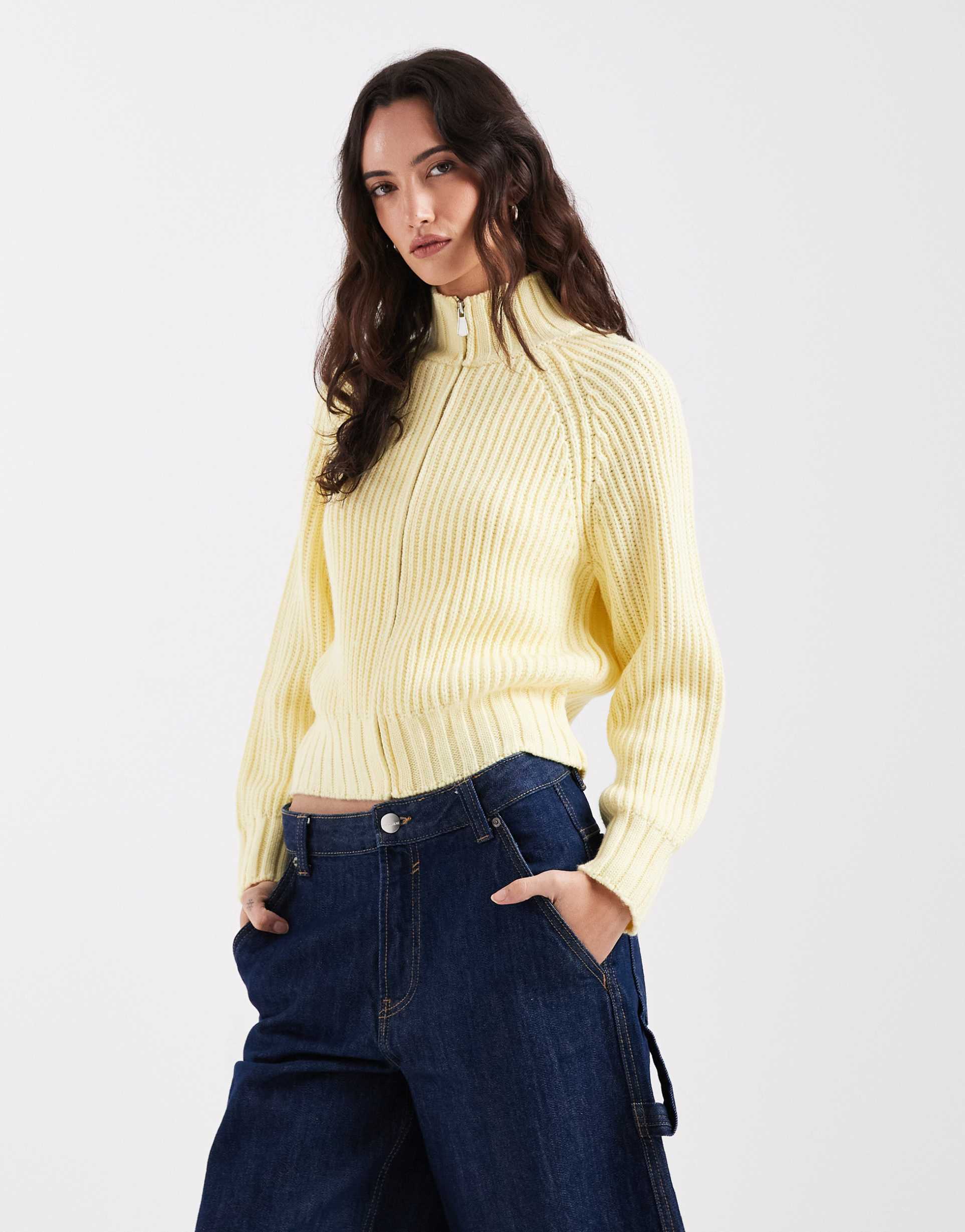 collusion knit shrunken funnel neck zip up cardigan in yellow