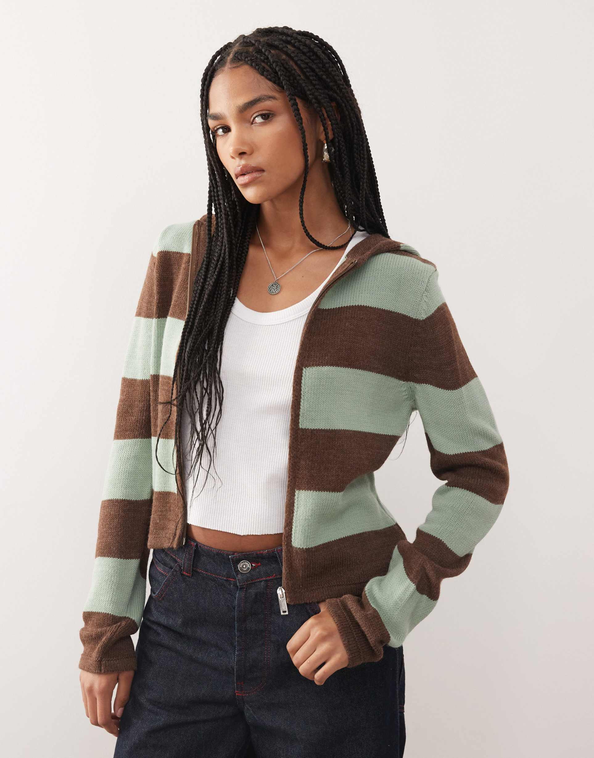 collusion knit shrunken hoodie in brown and green stripes