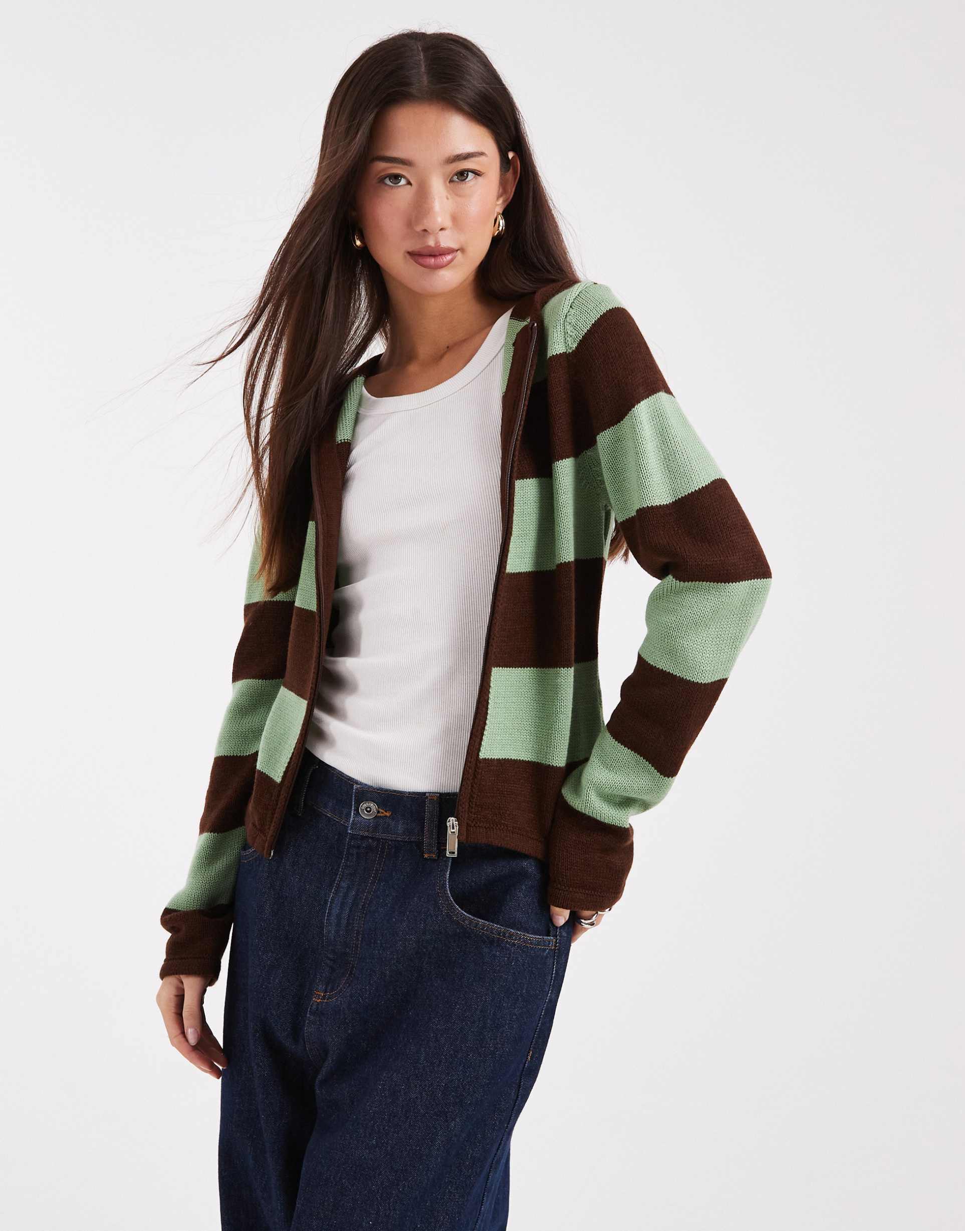 collusion knit shrunken hoodie in mint chocolate stripes