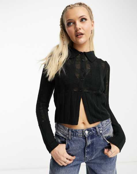 COLLUSION knit shrunken laddered shirt in black - view 1