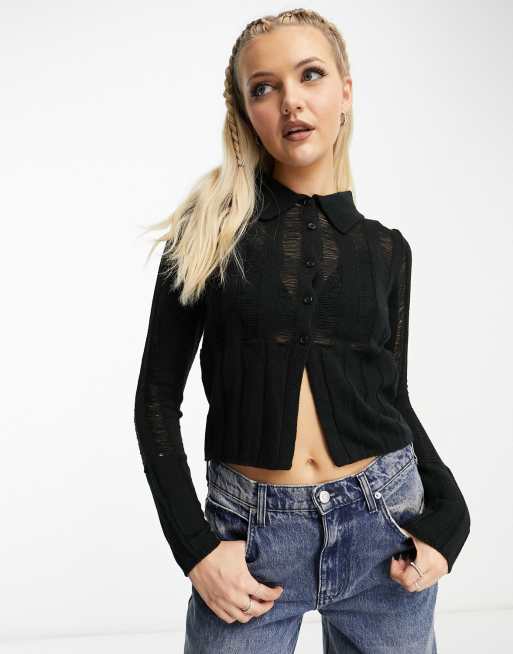COLLUSION knit shrunken laddered shirt in black 