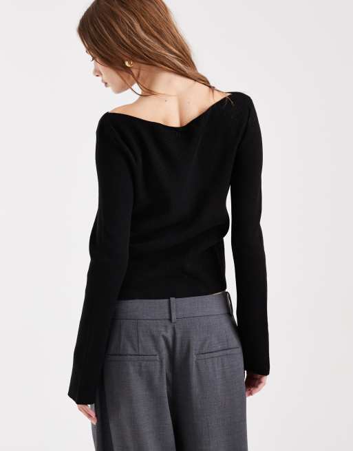 COLLUSION knit slash neck long sleeve top in black, 3 of 4