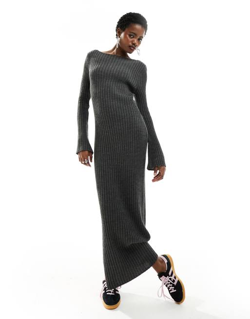 COLLUSION knit slash neck maxi dress in gray rib