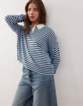 ASOS DESIGN cinched button detail shirt in blue and brown stripes