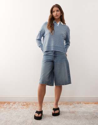 Collusion Knit Stripe Polo Sweater In Green