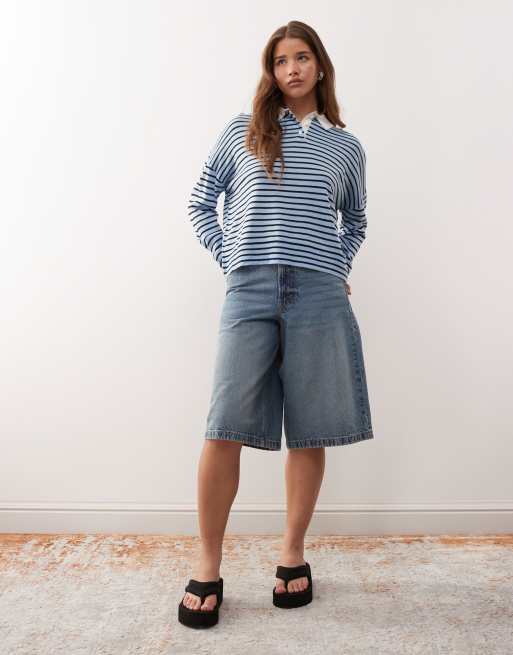 COLLUSION knit stripe polo sweater in blue