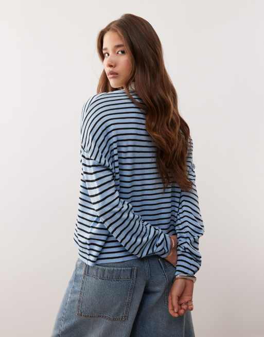 COLLUSION knit stripe polo sweater in blue, 3 of 4