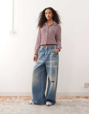 Collusion Knit Stripe Raglan Cardigan In Pink