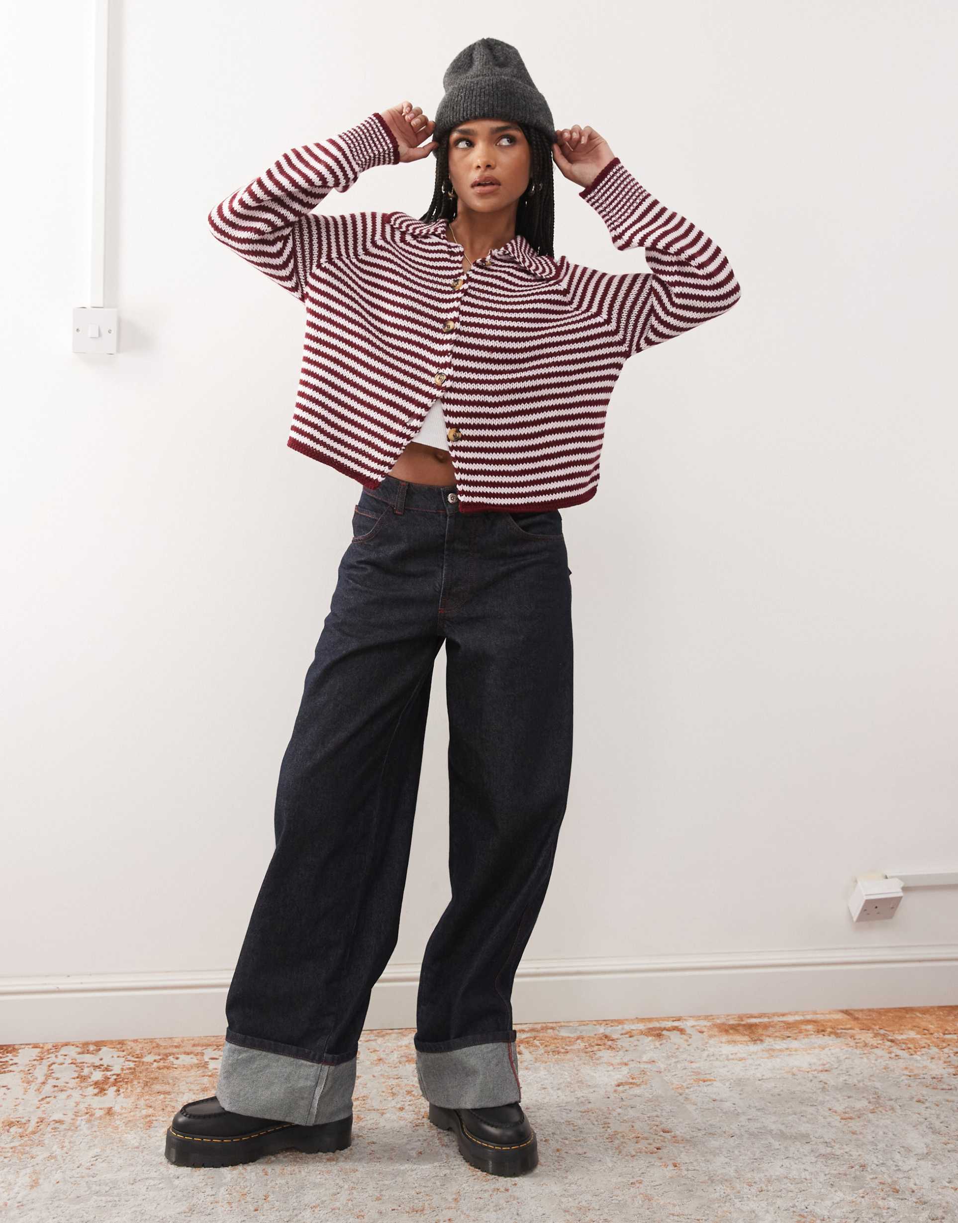 collusion knit stripe raglan cardigan in pink