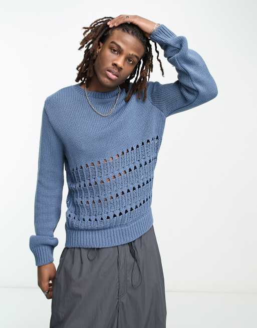COLLUSION knit sweater with ladder panel detail in blue