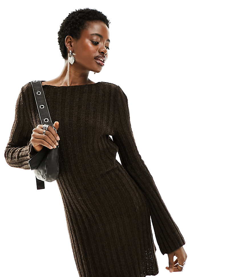 Collusion Knit Texture Slash Neck Mini Dress In Chocolate-brown