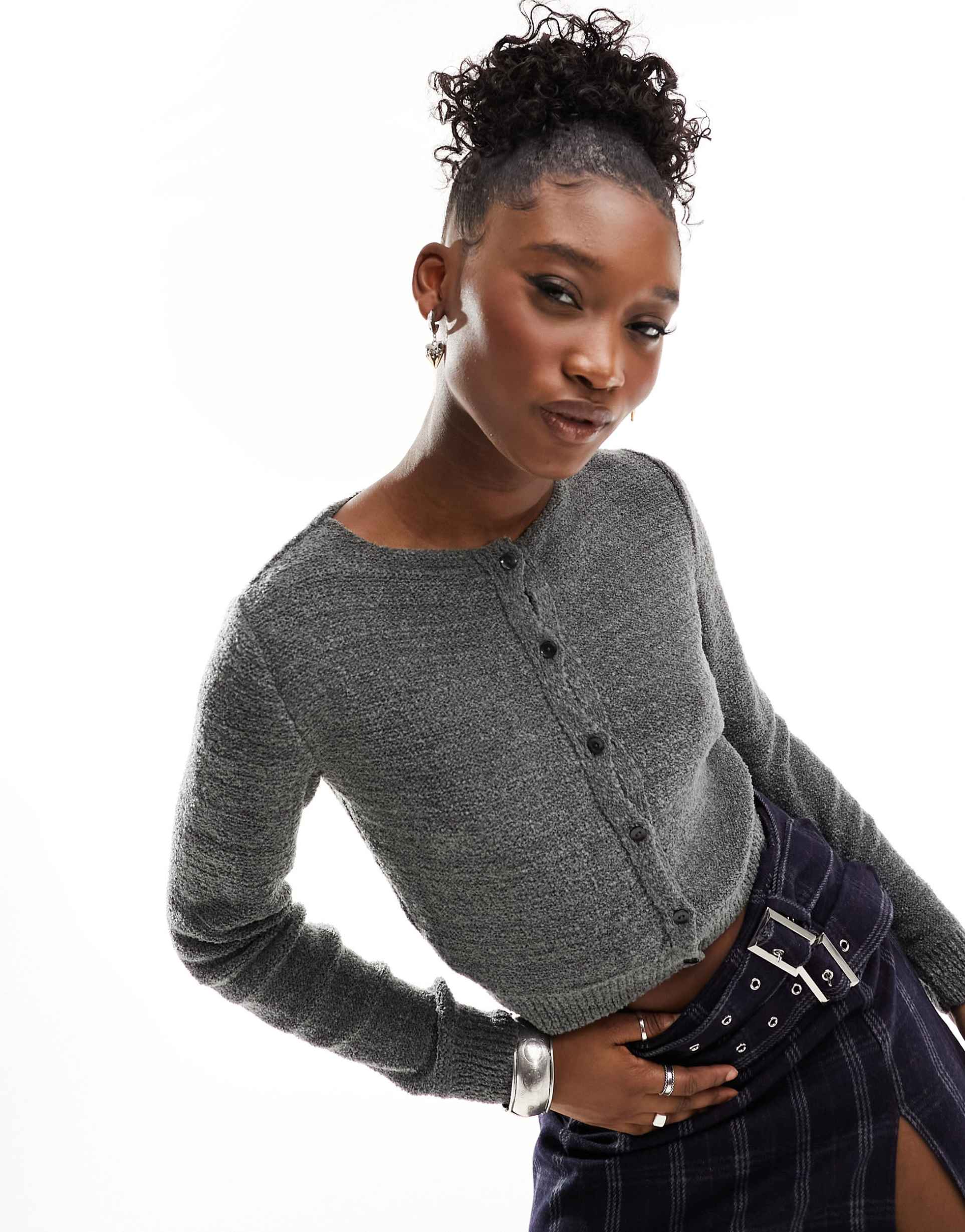 collusion knit textured fitted micro cardigan in light gray