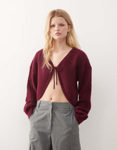 COLLUSION knit tie front cardigan in plum - view 1