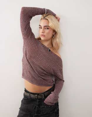 Collusion Knit Twinkle Slash Neck Top In Burgundy-red