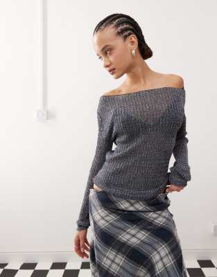 Collusion Knit Twinkle Slash Neck Top In Navy