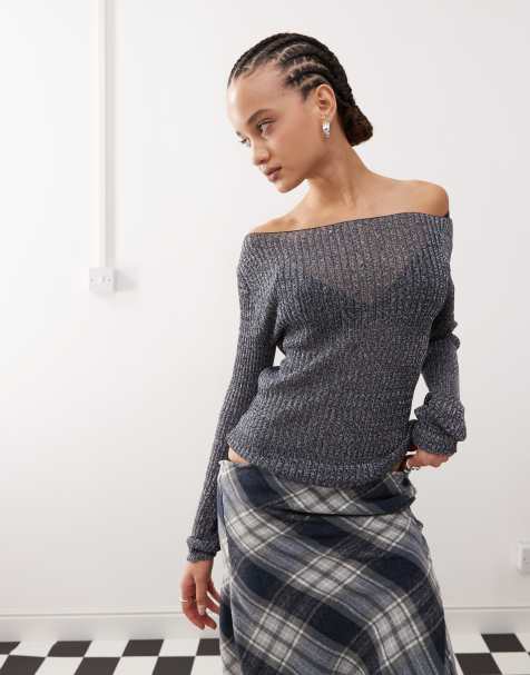 COLLUSION knit twinkle slash neck top in Navy - view 1