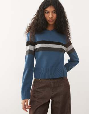 Collusion Knit V Neck Sweater In Blue