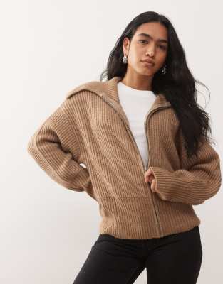 Collusion Knit Zip Up Cardigan In Brown