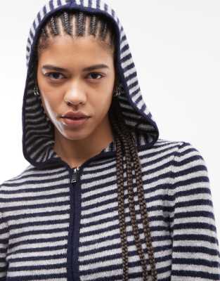Collusion Stripe Knitted Zip Through Hoodie In Pink