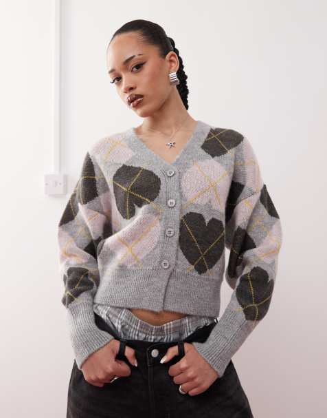 COLLUSION knitted argyle heart cardi in grey - view 1