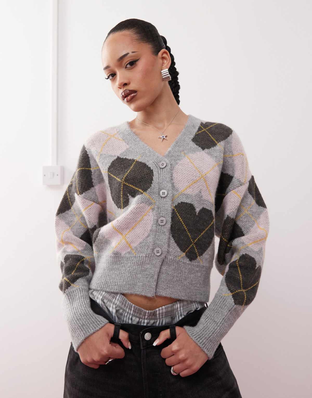 COLLUSION knitted argyle heart cardi in grey