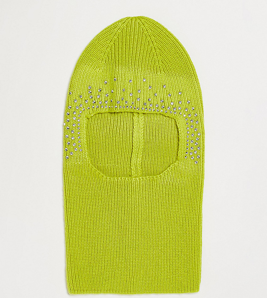COLLUSION knitted balaclava with diamante hot fix in lime green