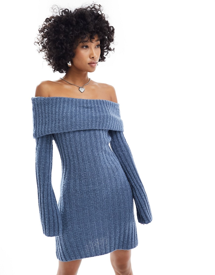 COLLUSION knitted bardot mini dress in petrol blue