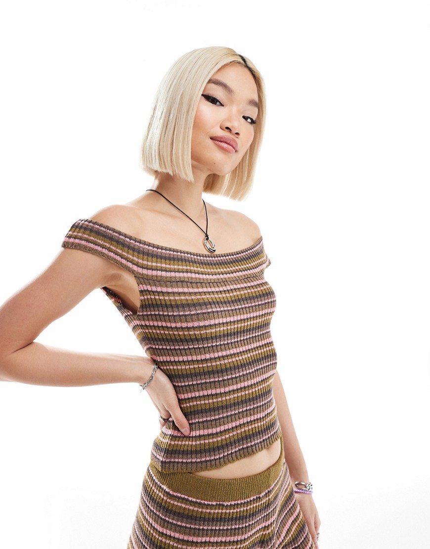 COLLUSION knitted bardot top co-ord in pink and brown