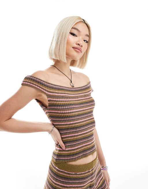 COLLUSION knitted bardot top in pink and brown (part of a set)
