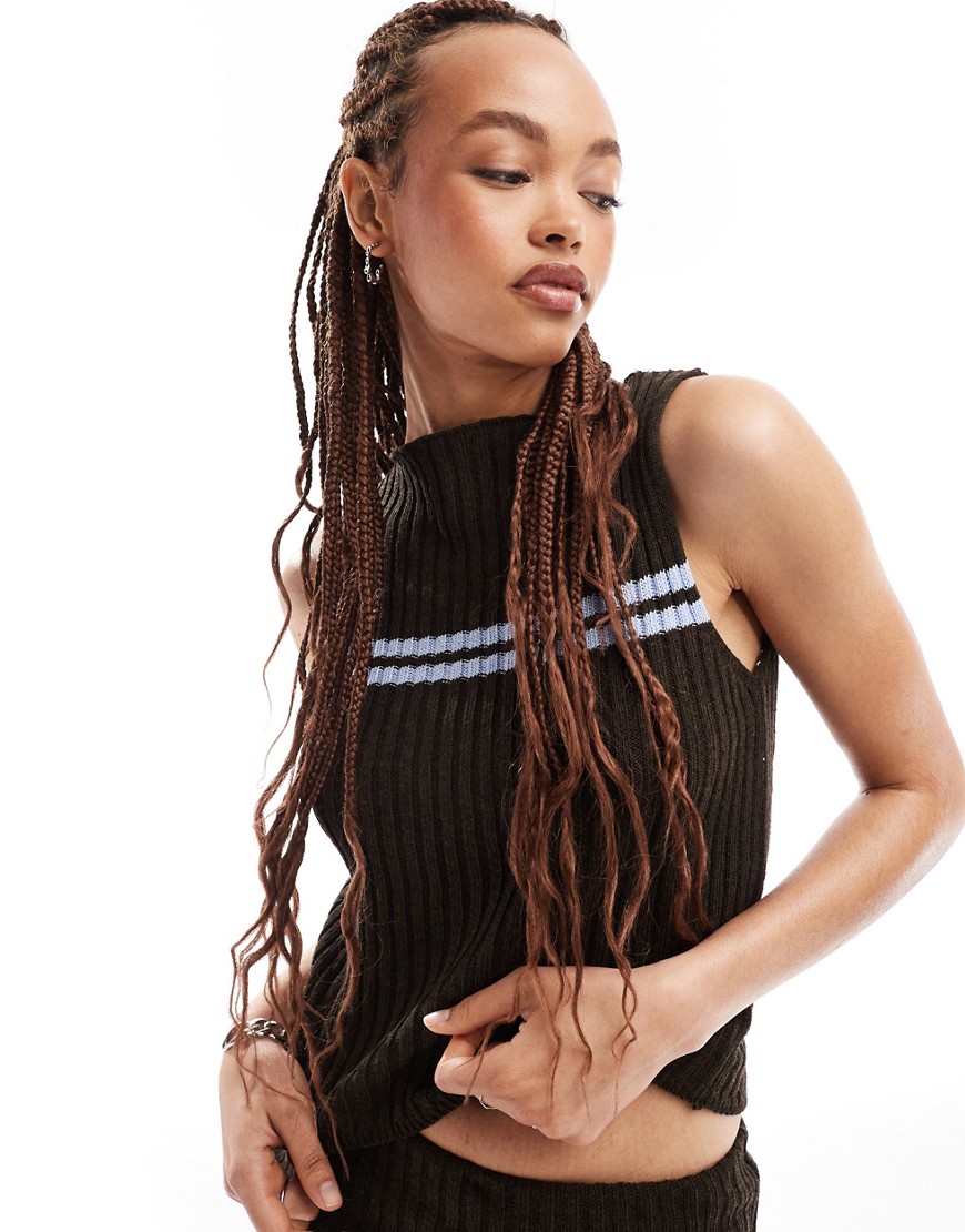 COLLUSION Knitted blue stripe vest in brown rib co-ord