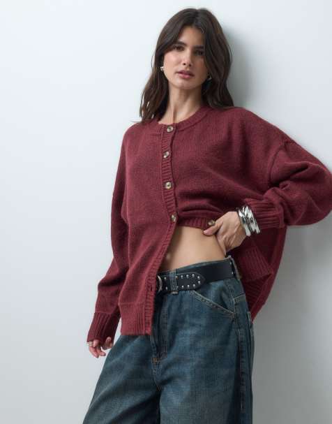 COLLUSION knitted boxy oversized cardi in burgundy - view 1