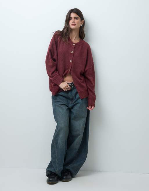 COLLUSION knitted boxy oversized cardi in burgundy, 3 of 4