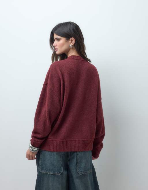 COLLUSION knitted boxy oversized cardi in burgundy, 4 of 4