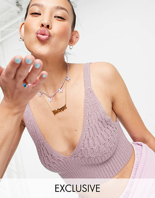 COLLUSION knitted bralet co-ord in mauve
