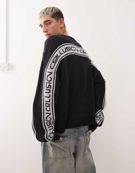 COLLUSION knitted branded jumper in navy, 3 of 5