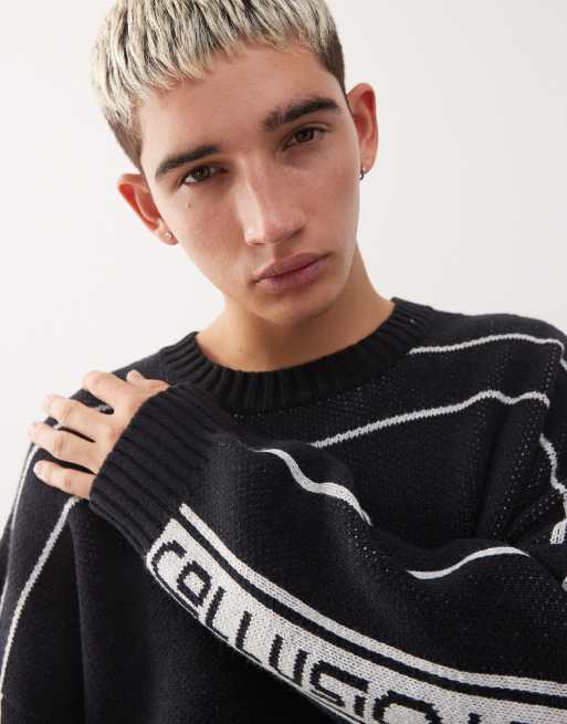 COLLUSION knitted branded jumper in navy, 5 of 5