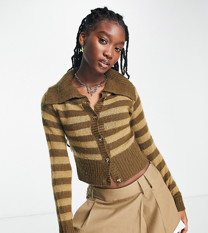 COLLUSION knitted button down stripe cardigan in brown