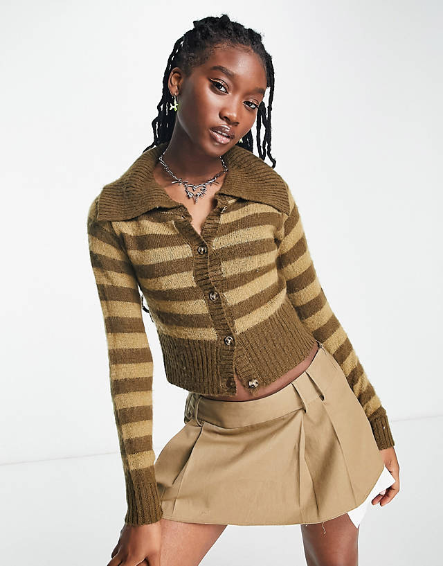 Collusion - knitted button down stripe cardigan in brown
