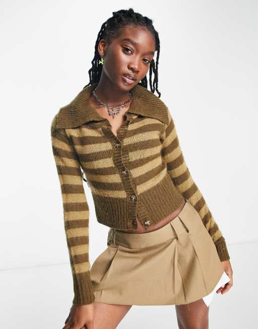 COLLUSION knitted button down stripe cardigan in brown ASOS