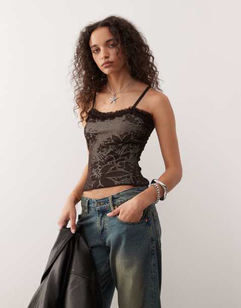 COLLUSION knitted cami top with ruffle detail in brown - view 1