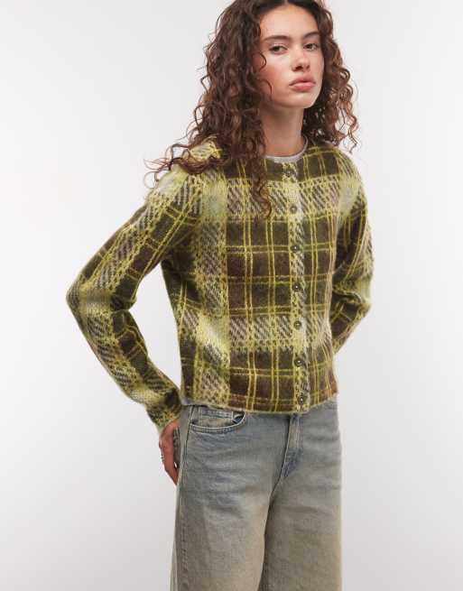COLLUSION knitted cardigan in brown & green check, 2 of 4