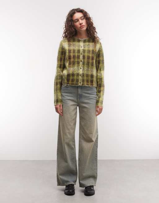 COLLUSION knitted cardigan in brown & green check, 3 of 4