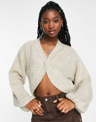 COLLUSION knitted cardigan with balloon sleeves in beige-Gray