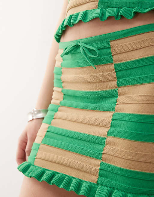 COLLUSION knitted checkerboard mini skirt top in green and tan, 4 of 5
