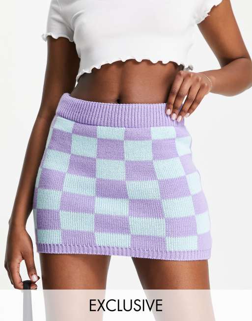COLLUSION knitted checkerboard skirt in lilac and blue (part of a set)