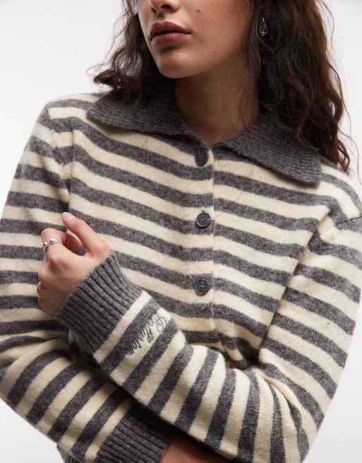 COLLUSION knitted collar cardigan in cream and grey stripe, 4 of 4