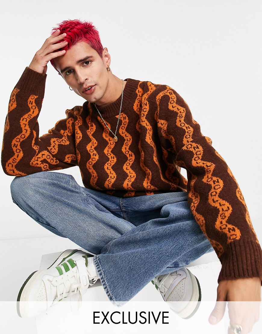COLLUSION knitted crew neck sweater in logo jacquard print-Brown