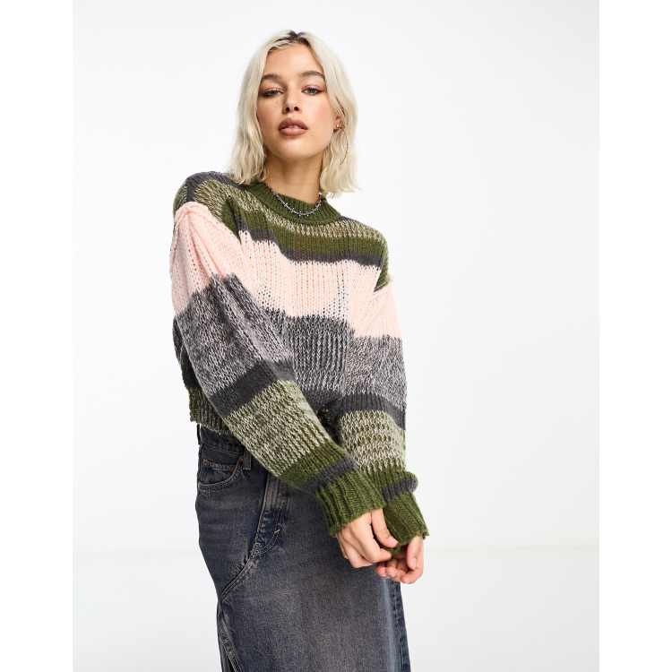 Color striped balloon 2024 sleeve knitted sweater