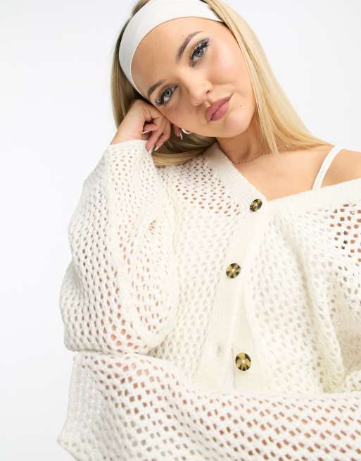 COLLUSION knitted crochet cardigan in true white