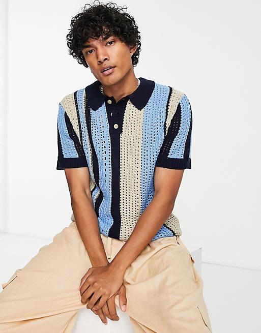 COLLUSION knitted crochet polo shirt in blue stripe | ASOS